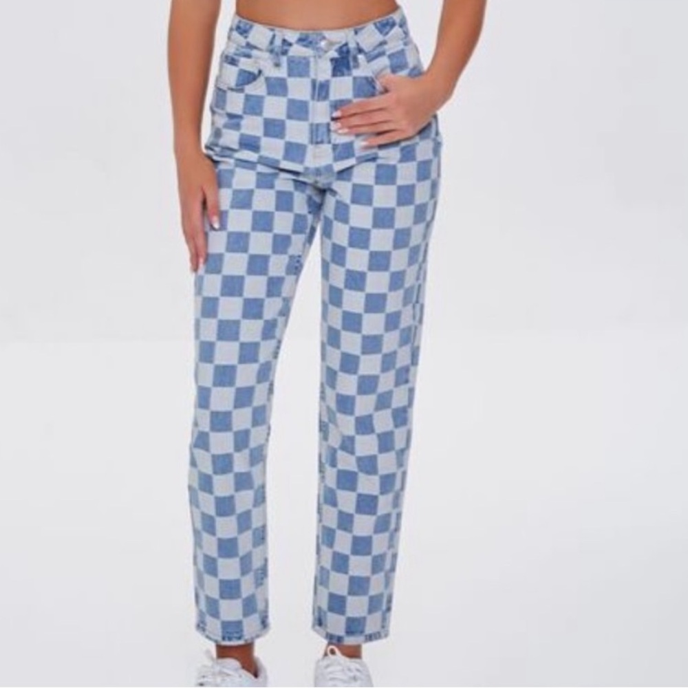 Forever 21 Blue and White Checkered Women Jeans